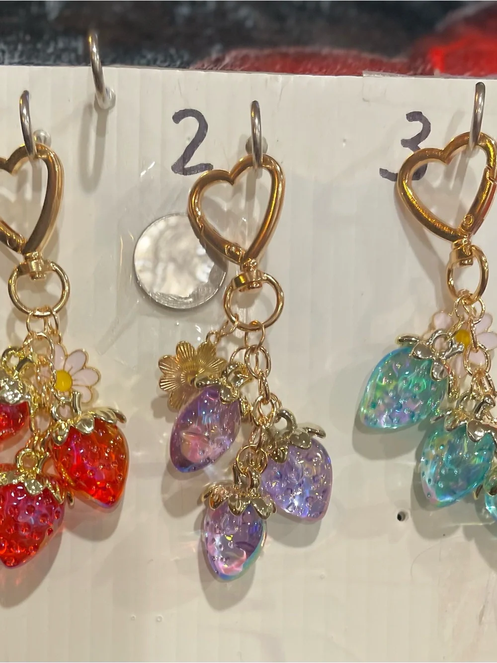 #7 Choice of 1 Gold Heart Clip Strawberry Charm Keychain - Red, Purple, Aqua